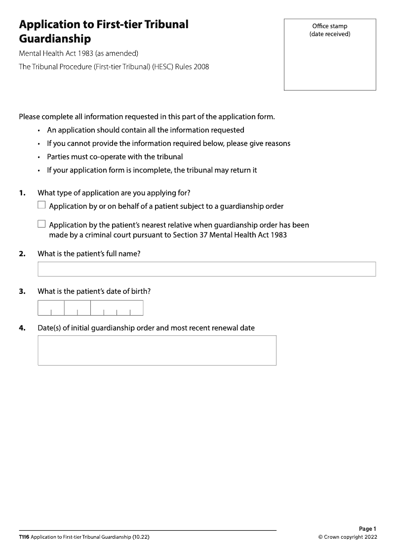 T116 Application to First tier Tribunal Guardianship Mental Health electronic signature available preview