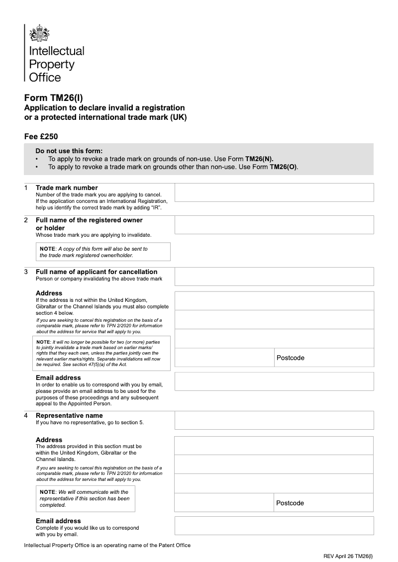 TM26 I Application to declare invalid a registration or a protected international trade mark UK Whole form including sections A B C D and E preview