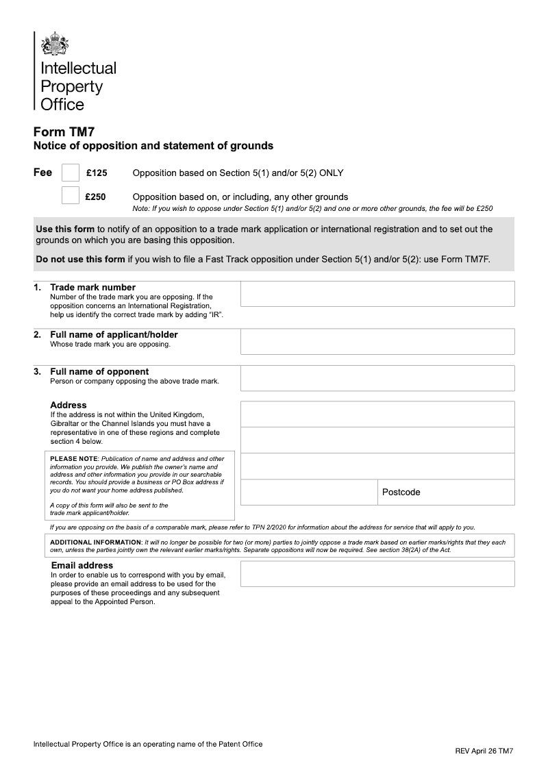 TM7 Notice of opposition and statement of grounds Whole form including sections A B C D and E preview
