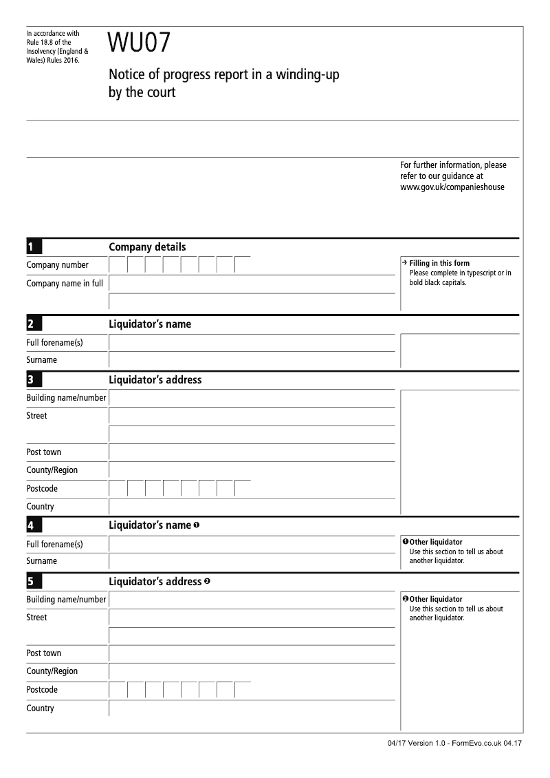 WU07 Notice of progress report in a winding up by the court Rule 18 8 preview