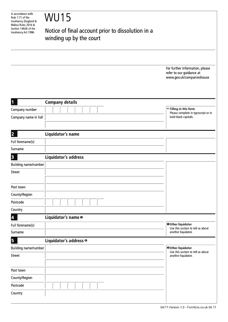 WU15 Notice of final account prior to dissolution in a winding up by the court Rule 7 71 preview